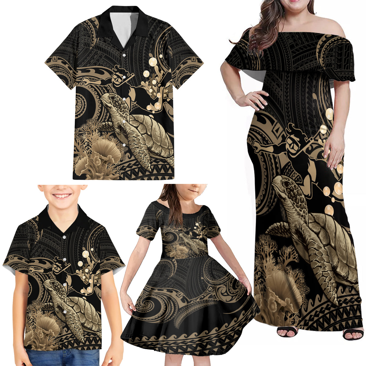 Gold Aloha Hawaii Family Matching Off Shoulder Maxi Dress and Hawaiian Shirt Snorkeling With Sea Turtle Polynesian Pattern
