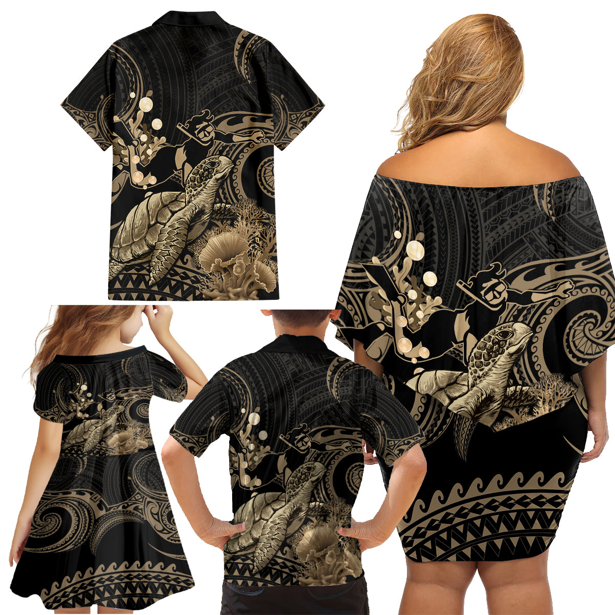 Gold Aloha Hawaii Family Matching Off Shoulder Short Dress and Hawaiian Shirt Snorkeling With Sea Turtle Polynesian Pattern