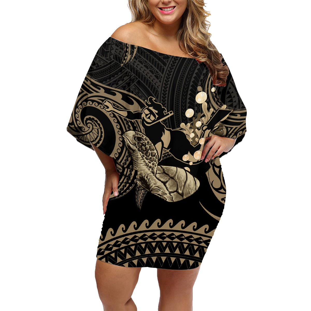 Gold Aloha Hawaii Family Matching Off Shoulder Short Dress and Hawaiian Shirt Snorkeling With Sea Turtle Polynesian Pattern