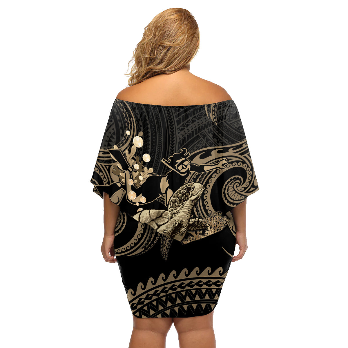 Gold Aloha Hawaii Family Matching Off Shoulder Short Dress and Hawaiian Shirt Snorkeling With Sea Turtle Polynesian Pattern
