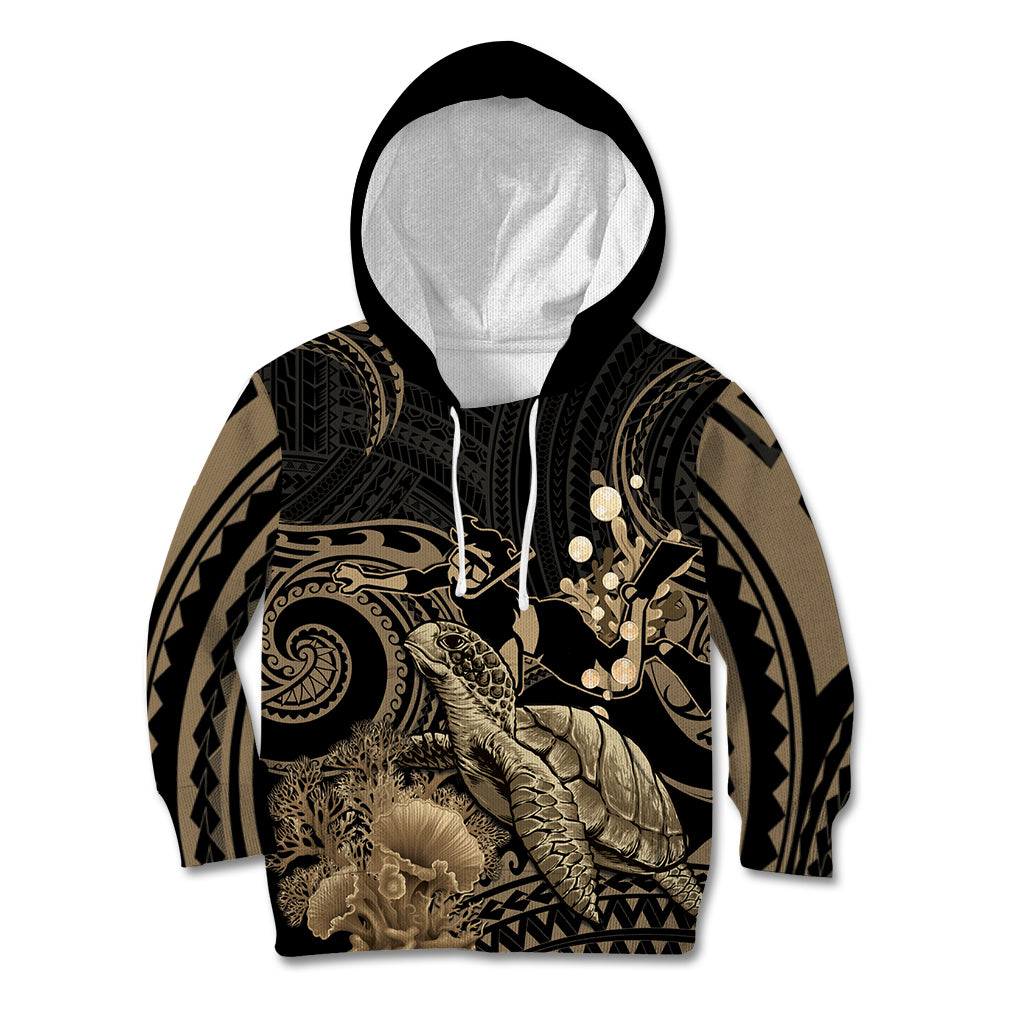 Gold Aloha Hawaii Kid Hoodie Snorkeling With Sea Turtle Polynesian Pattern