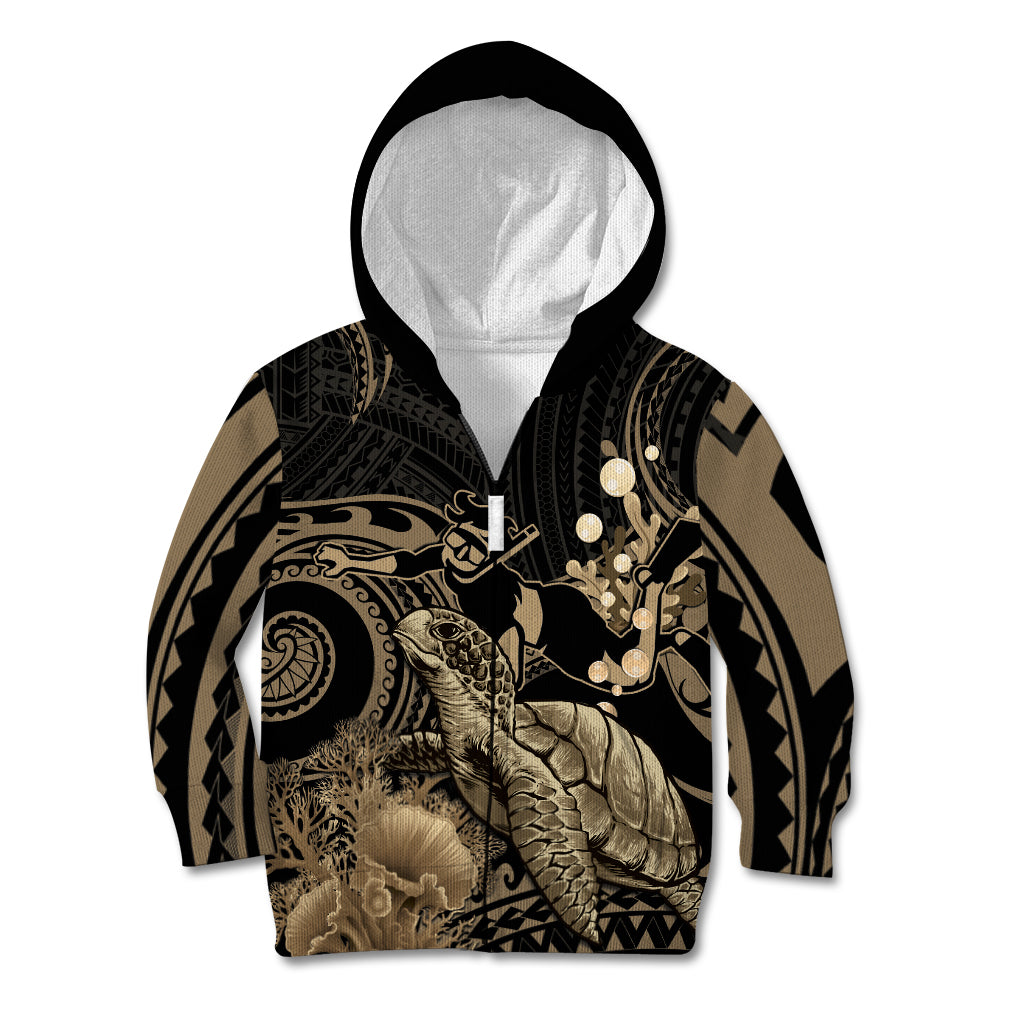 Gold Aloha Hawaii Kid Hoodie Snorkeling With Sea Turtle Polynesian Pattern