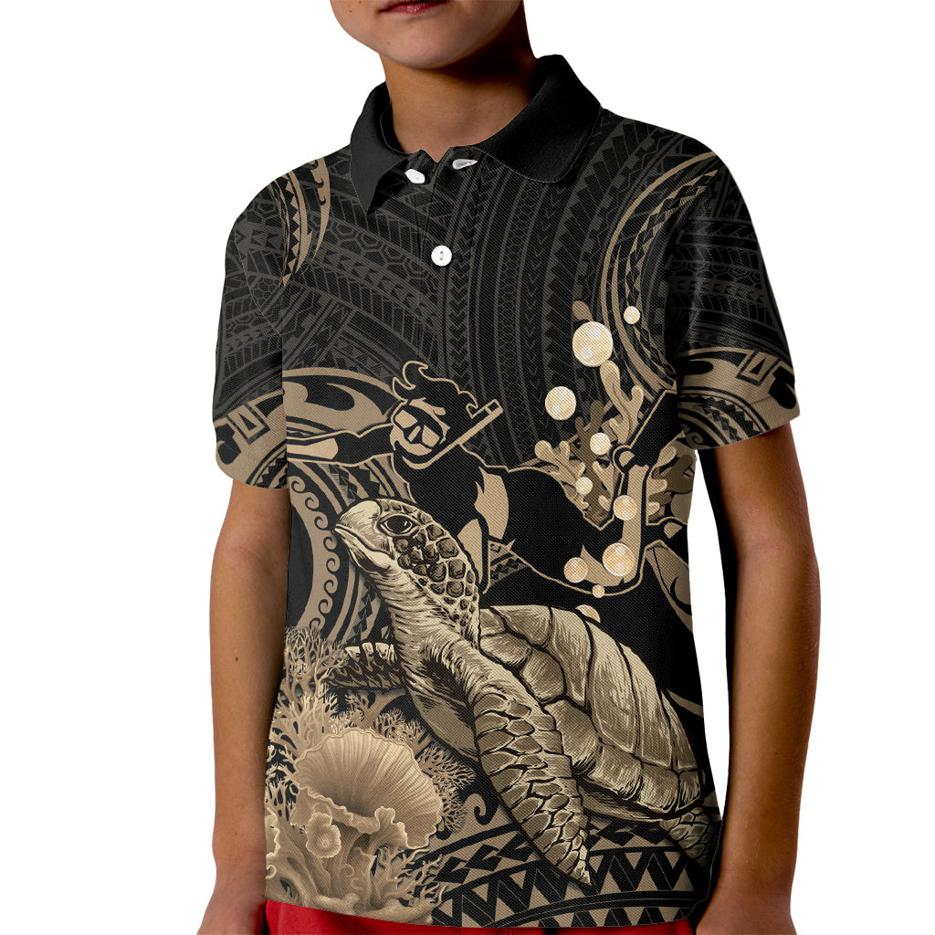 Gold Aloha Hawaii Kid Polo Shirt Snorkeling With Sea Turtle Polynesian Pattern