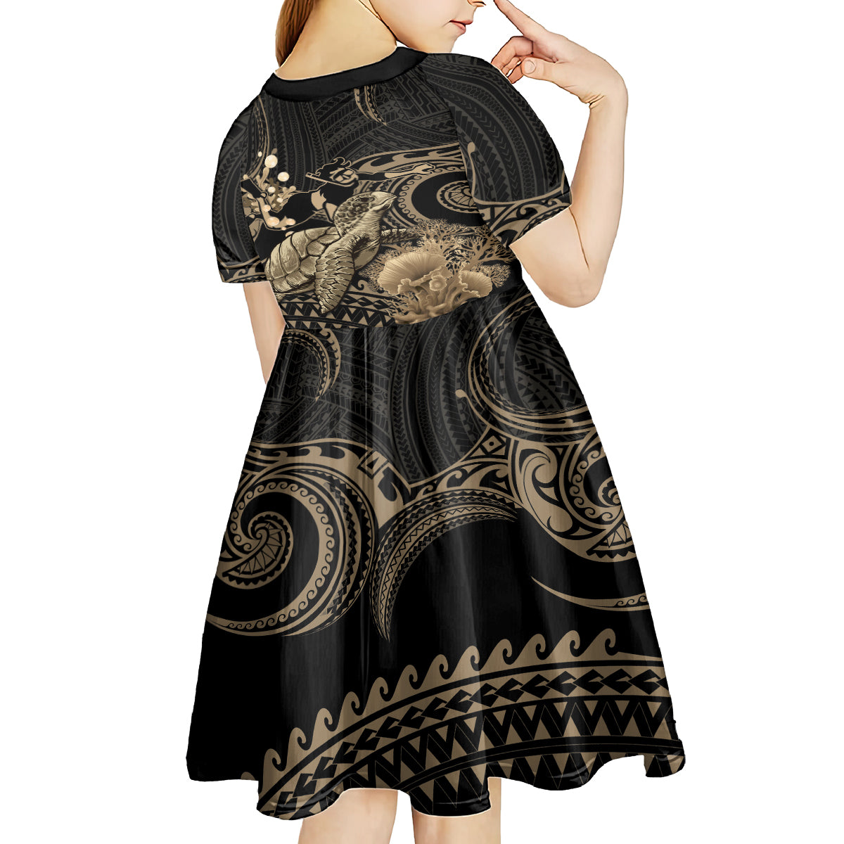 Gold Aloha Hawaii Kid Short Sleeve Dress Snorkeling With Sea Turtle Polynesian Pattern