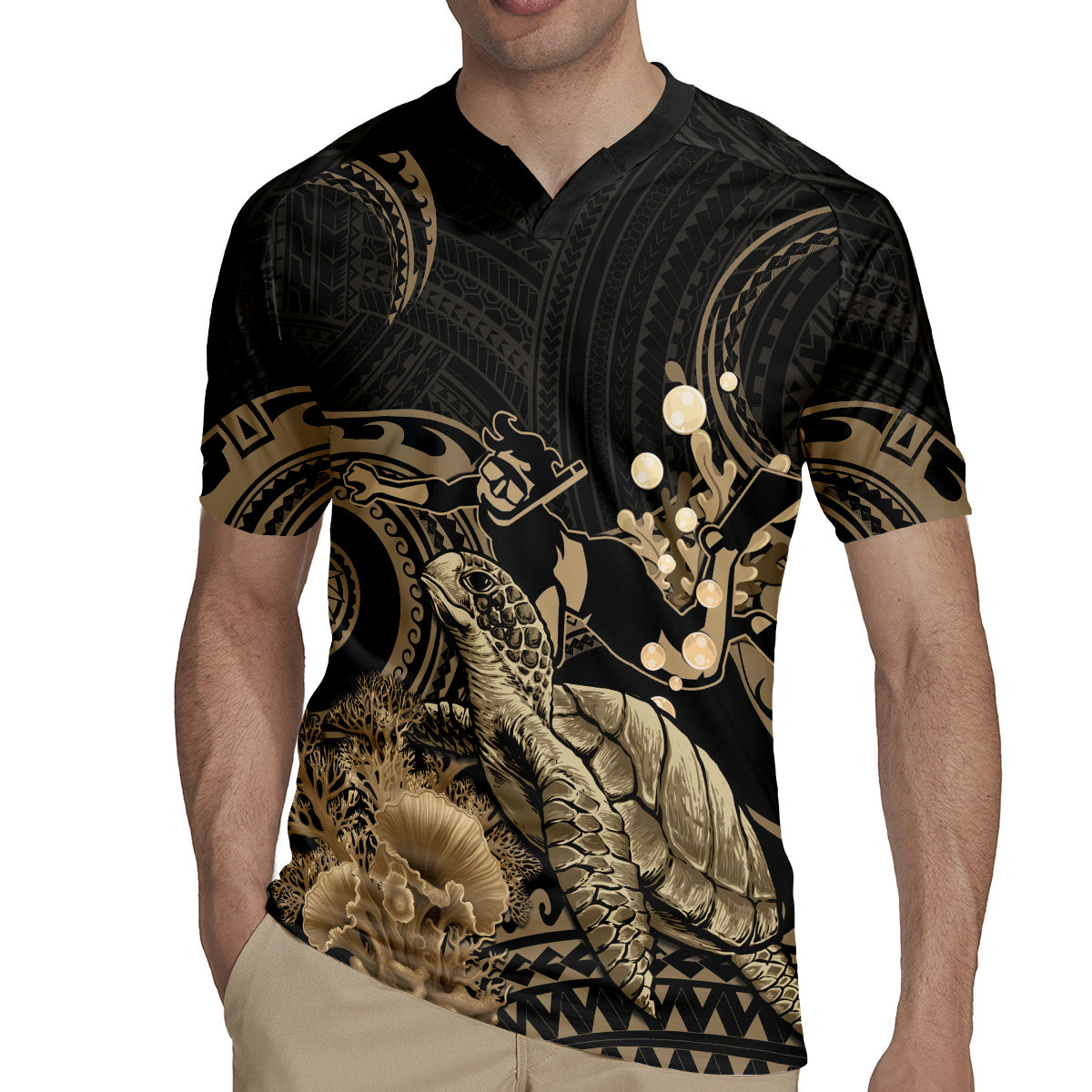 Gold Aloha Hawaii Rugby Jersey Snorkeling With Sea Turtle Polynesian Pattern