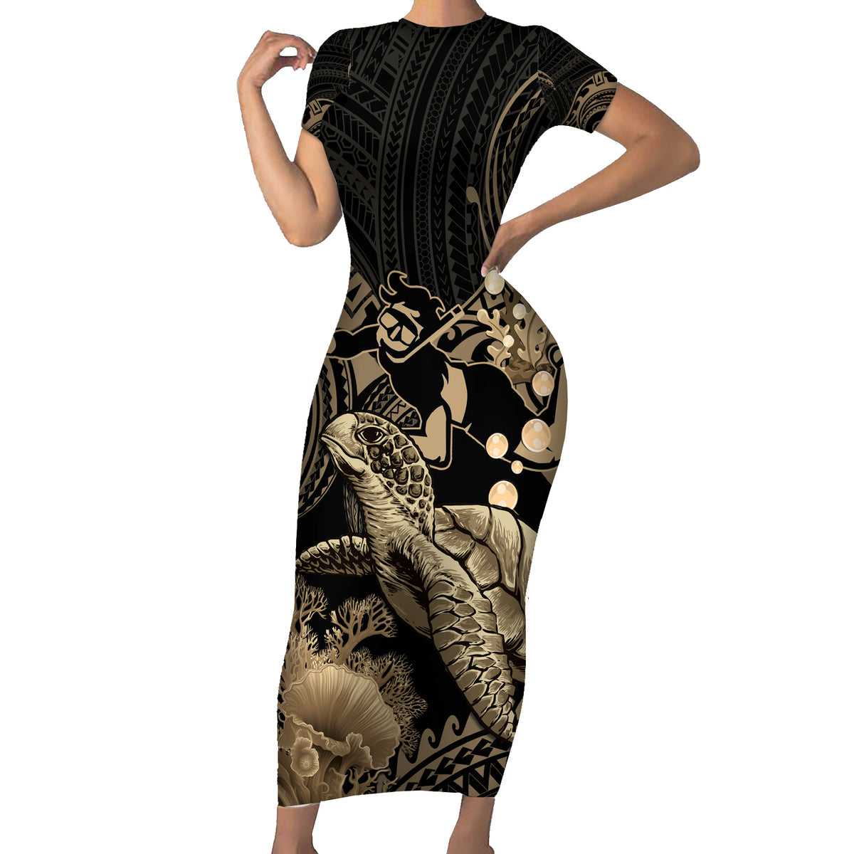 Gold Aloha Hawaii Short Sleeve Bodycon Dress Snorkeling With Sea Turtle Polynesian Pattern