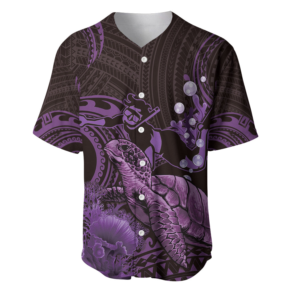 Purple Aloha Hawaii Baseball Jersey Snorkeling With Sea Turtle Polynesian Pattern