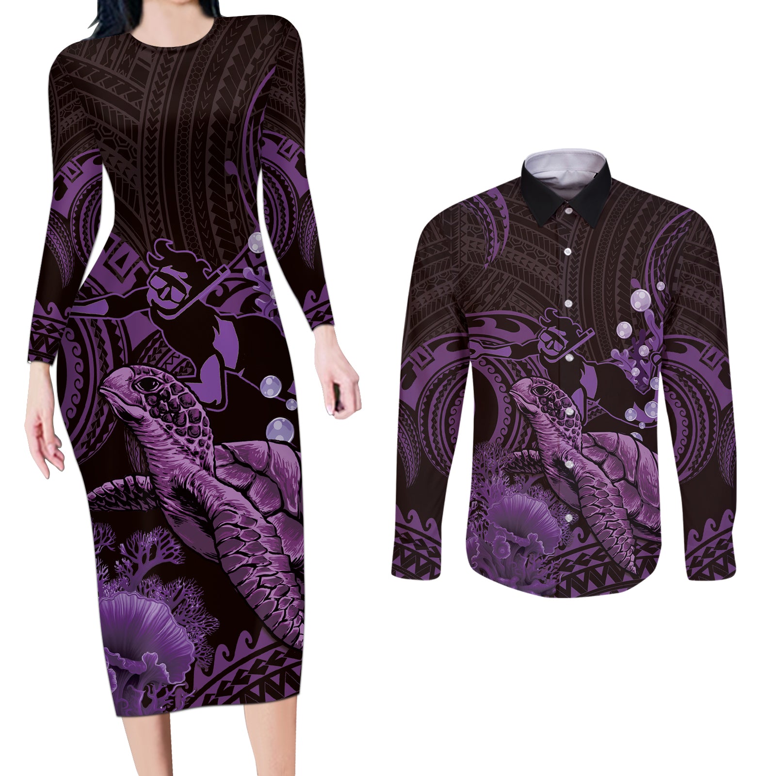 Purple Aloha Hawaii Couples Matching Long Sleeve Bodycon Dress and Long Sleeve Button Shirt Snorkeling With Sea Turtle Polynesian Pattern