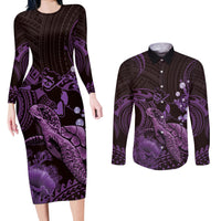 Purple Aloha Hawaii Couples Matching Long Sleeve Bodycon Dress and Long Sleeve Button Shirt Snorkeling With Sea Turtle Polynesian Pattern