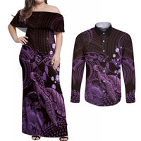 Purple Aloha Hawaii Couples Matching Off Shoulder Maxi Dress and Long Sleeve Button Shirt Snorkeling With Sea Turtle Polynesian Pattern