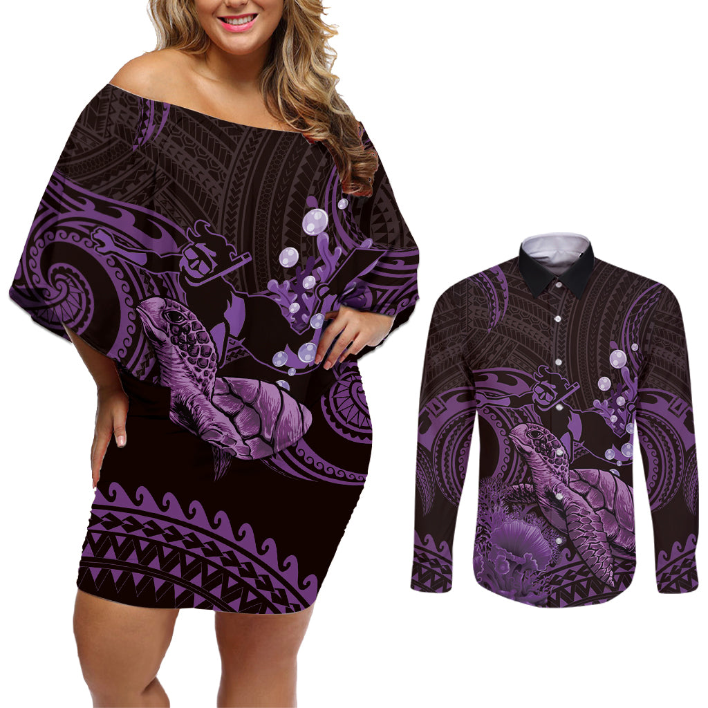Purple Aloha Hawaii Couples Matching Off Shoulder Short Dress and Long Sleeve Button Shirt Snorkeling With Sea Turtle Polynesian Pattern