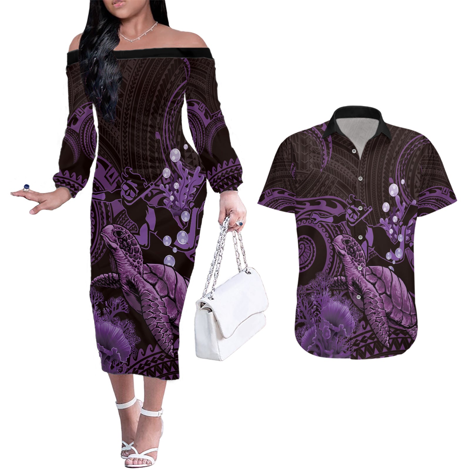 Purple Aloha Hawaii Couples Matching Off The Shoulder Long Sleeve Dress and Hawaiian Shirt Snorkeling With Sea Turtle Polynesian Pattern