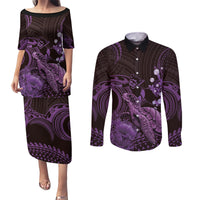 Purple Aloha Hawaii Couples Matching Puletasi and Long Sleeve Button Shirt Snorkeling With Sea Turtle Polynesian Pattern