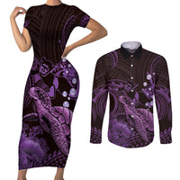 Purple Aloha Hawaii Couples Matching Short Sleeve Bodycon Dress and Long Sleeve Button Shirt Snorkeling With Sea Turtle Polynesian Pattern