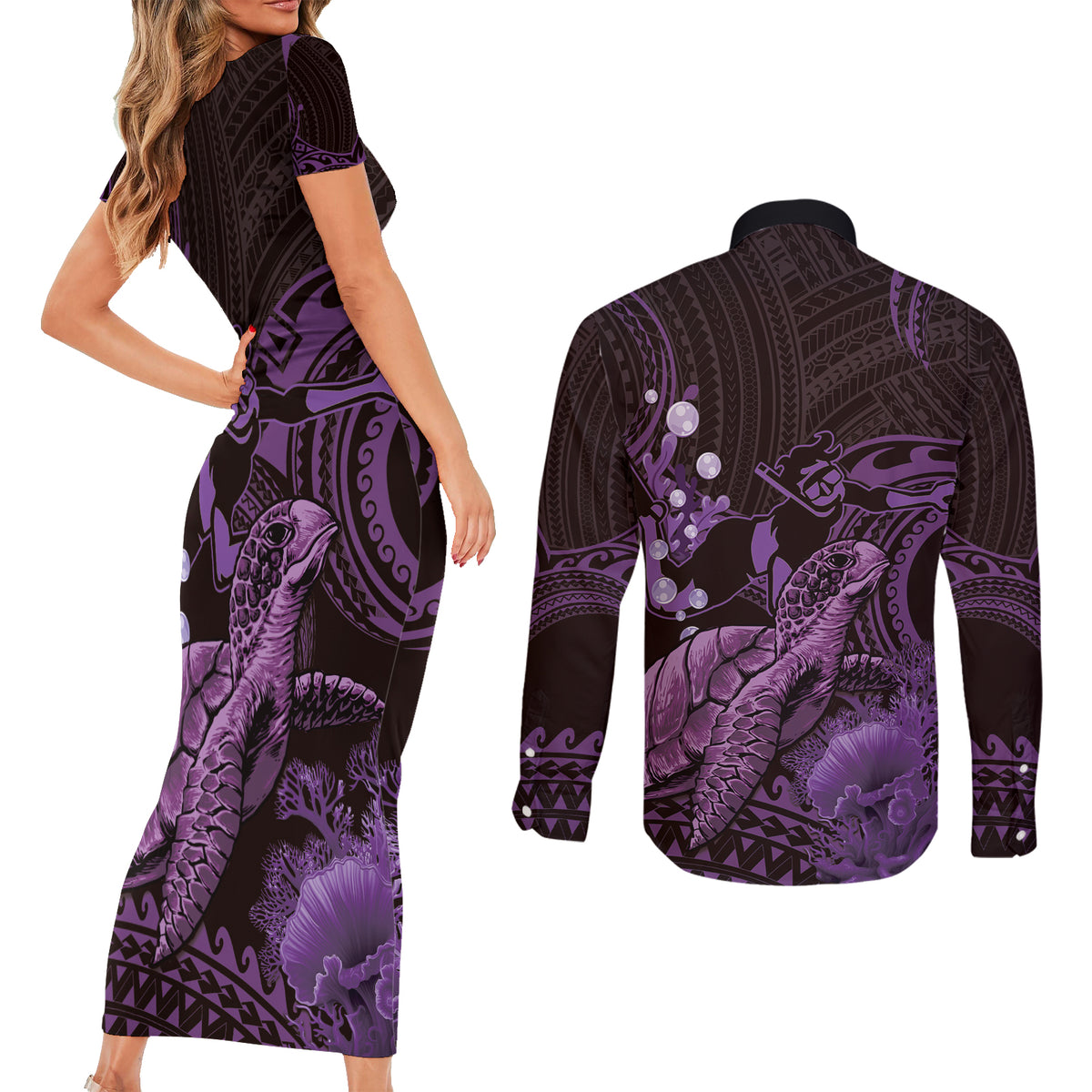 Purple Aloha Hawaii Couples Matching Short Sleeve Bodycon Dress and Long Sleeve Button Shirt Snorkeling With Sea Turtle Polynesian Pattern