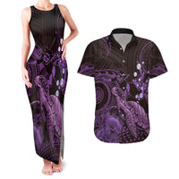 Purple Aloha Hawaii Couples Matching Tank Maxi Dress and Hawaiian Shirt Snorkeling With Sea Turtle Polynesian Pattern