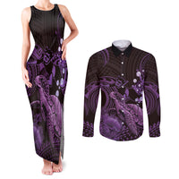 Purple Aloha Hawaii Couples Matching Tank Maxi Dress and Long Sleeve Button Shirt Snorkeling With Sea Turtle Polynesian Pattern