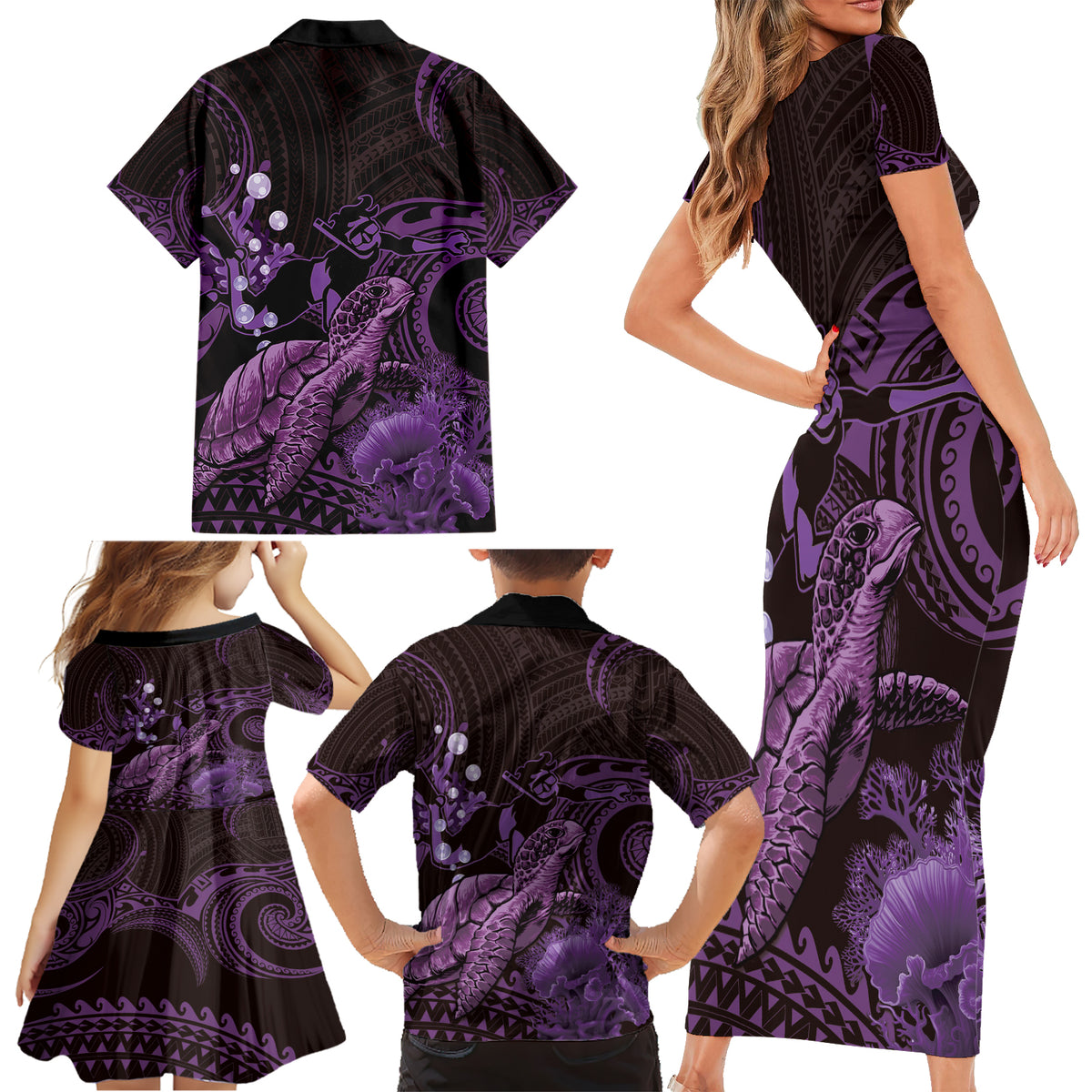 Purple Aloha Hawaii Family Matching Short Sleeve Bodycon Dress and Hawaiian Shirt Snorkeling With Sea Turtle Polynesian Pattern