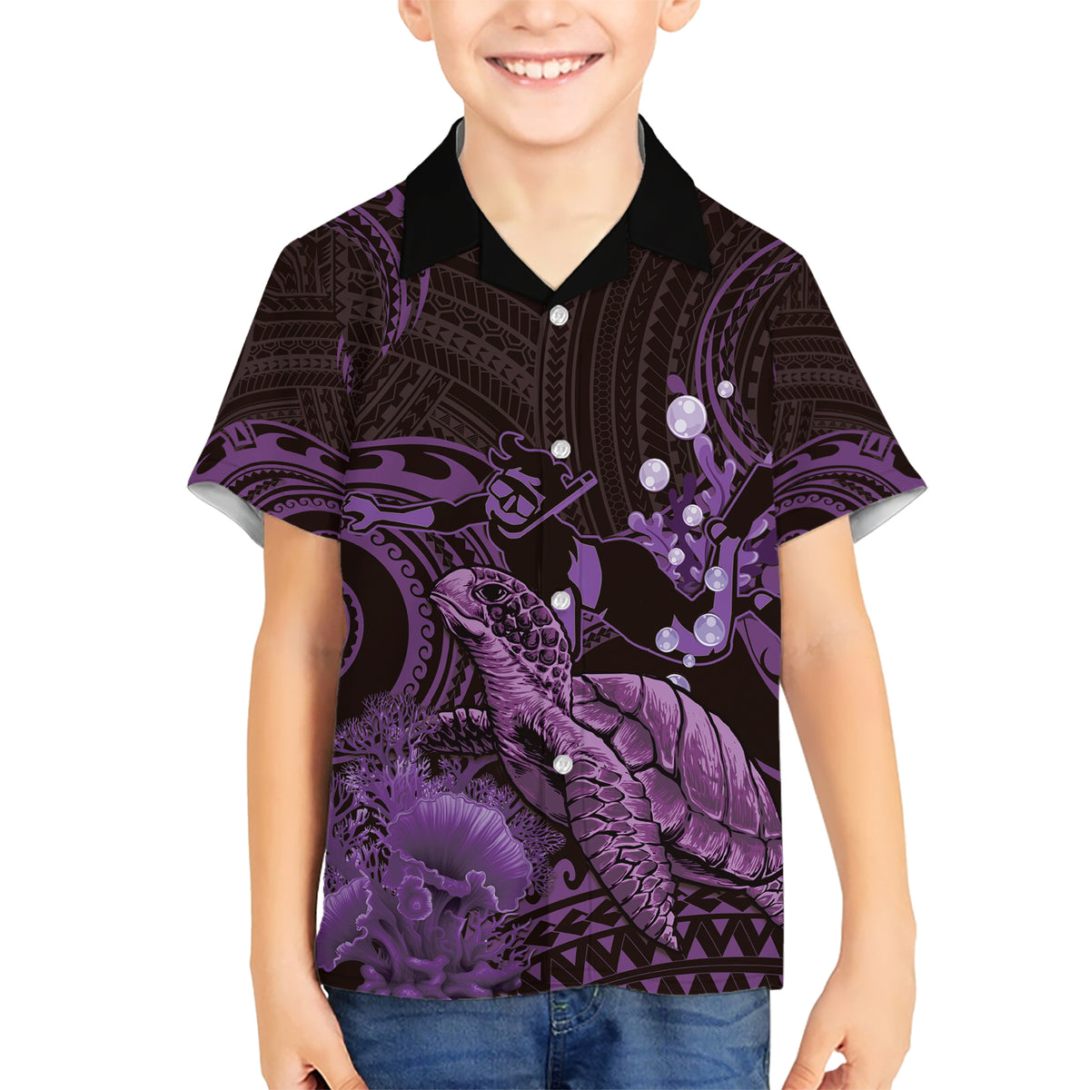 Purple Aloha Hawaii Kid Hawaiian Shirt Snorkeling With Sea Turtle Polynesian Pattern