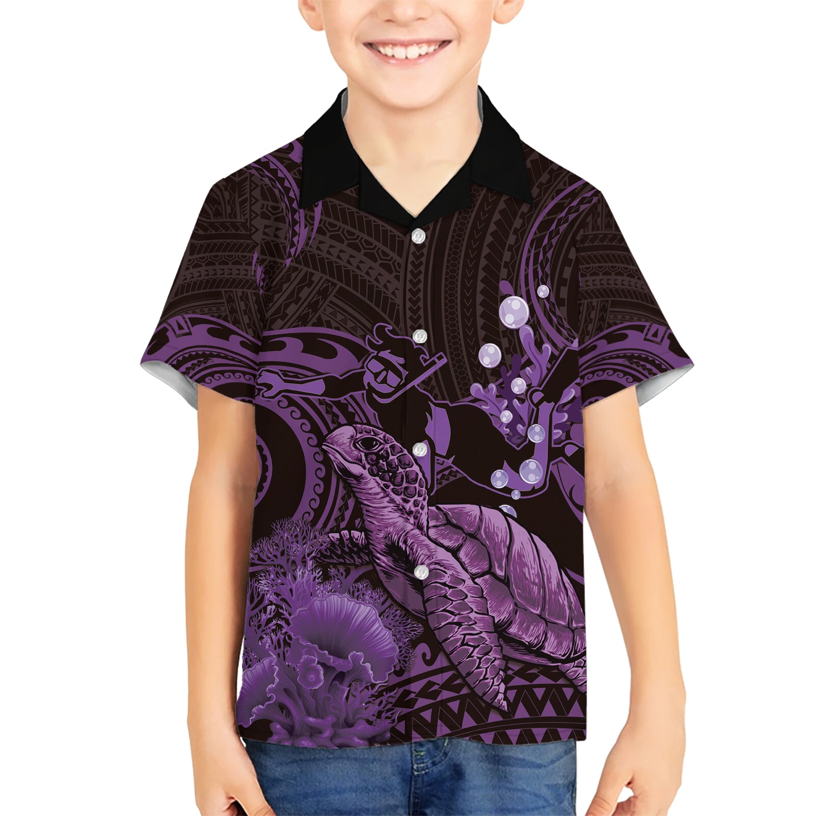 Purple Aloha Hawaii Kid Hawaiian Shirt Snorkeling With Sea Turtle Polynesian Pattern