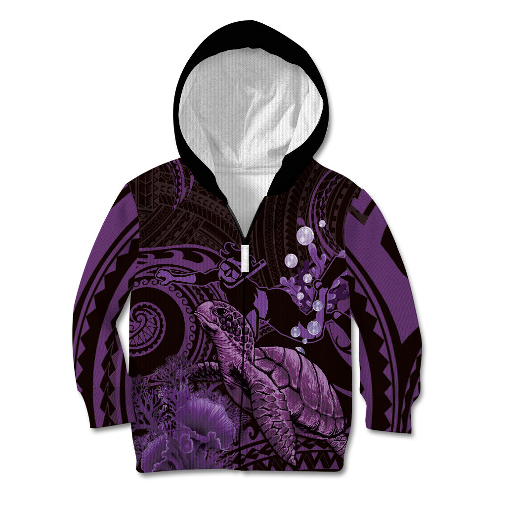 Purple Aloha Hawaii Kid Hoodie Snorkeling With Sea Turtle Polynesian Pattern