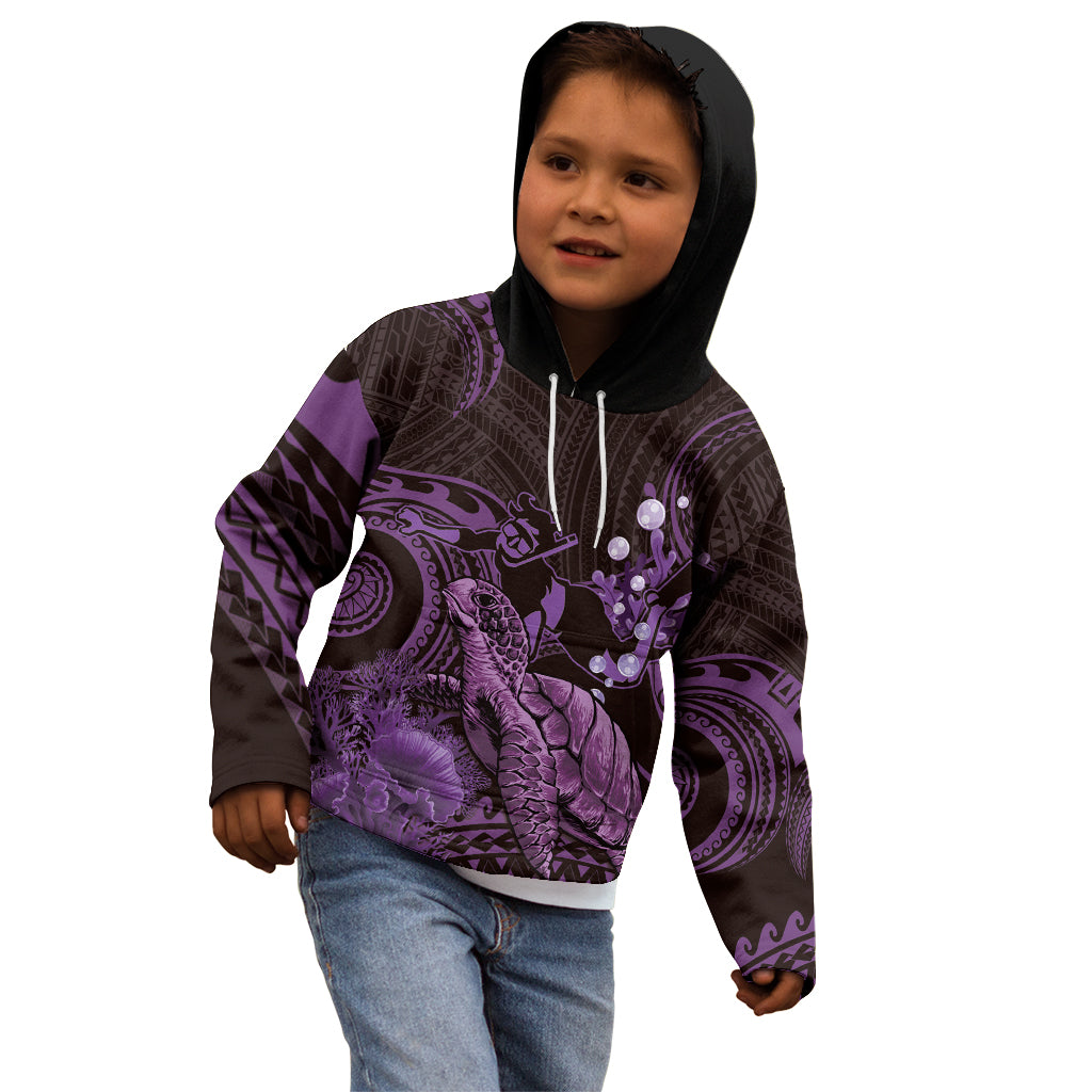 Purple Aloha Hawaii Kid Hoodie Snorkeling With Sea Turtle Polynesian Pattern