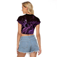 Purple Aloha Hawaii Raglan Cropped T Shirt Snorkeling With Sea Turtle Polynesian Pattern