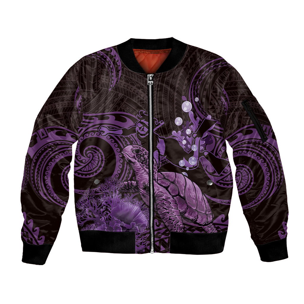 Purple Aloha Hawaii Sleeve Zip Bomber Jacket Snorkeling With Sea Turtle Polynesian Pattern