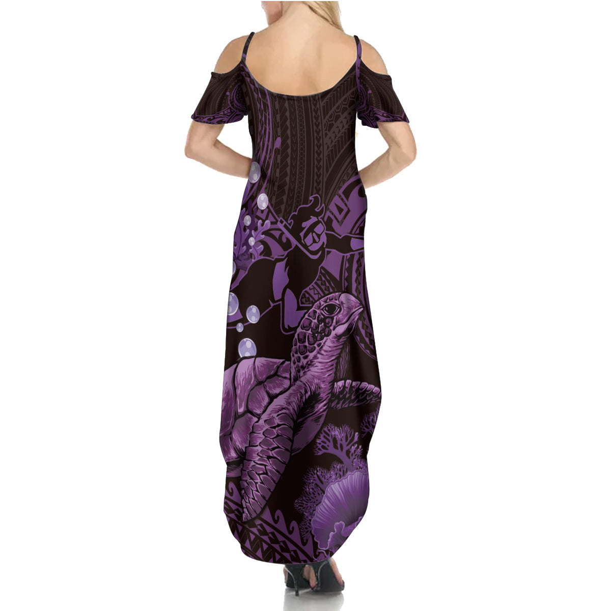 Purple Aloha Hawaii Summer Maxi Dress Snorkeling With Sea Turtle Polynesian Pattern