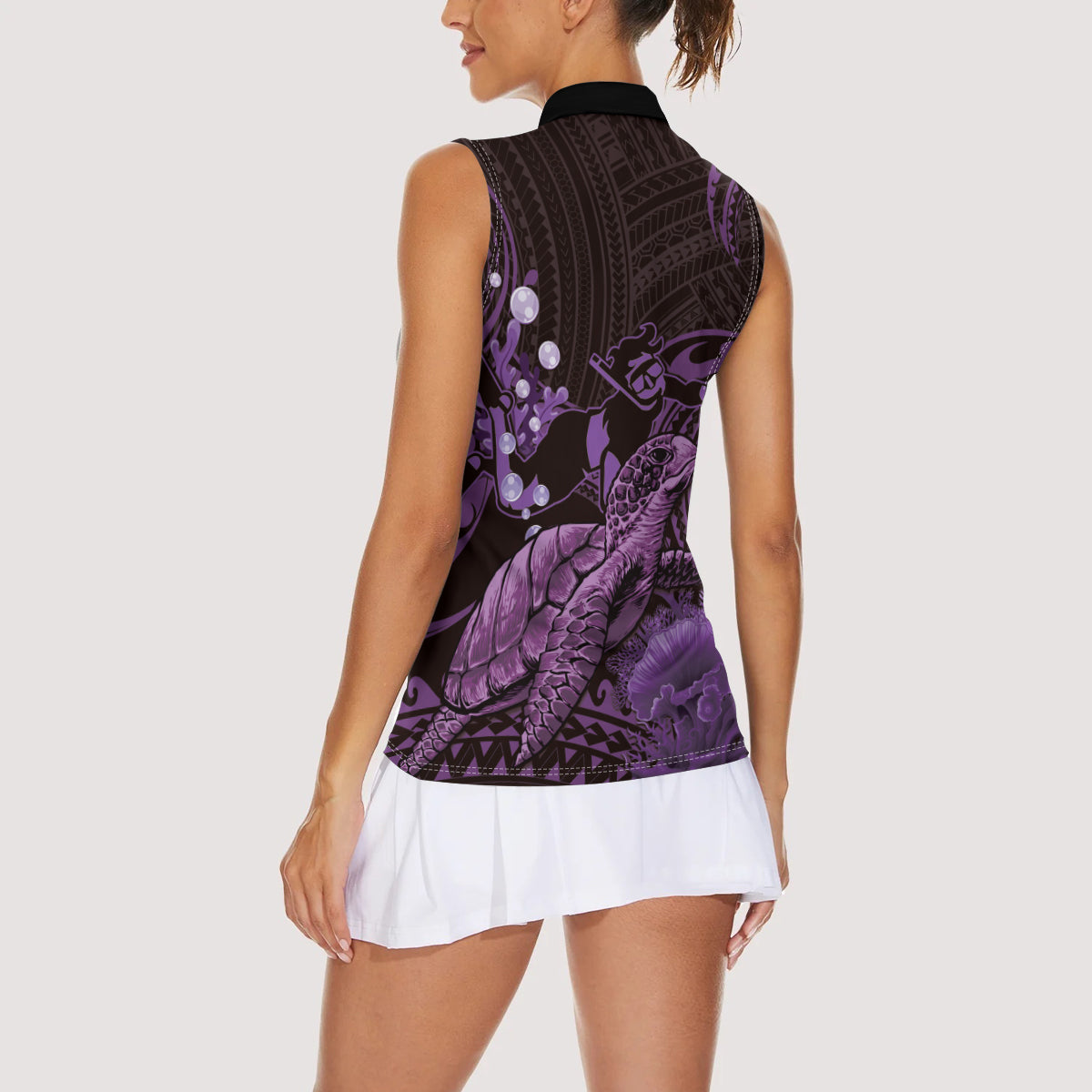 Purple Aloha Hawaii Women Sleeveless Polo Shirt Snorkeling With Sea Turtle Polynesian Pattern
