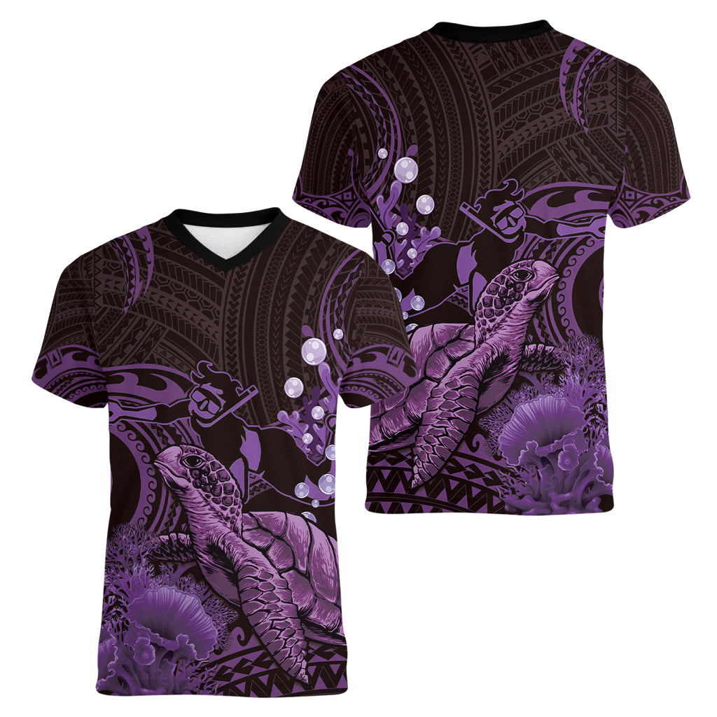 Purple Aloha Hawaii Women V-Neck T-Shirt Snorkeling With Sea Turtle Polynesian Pattern