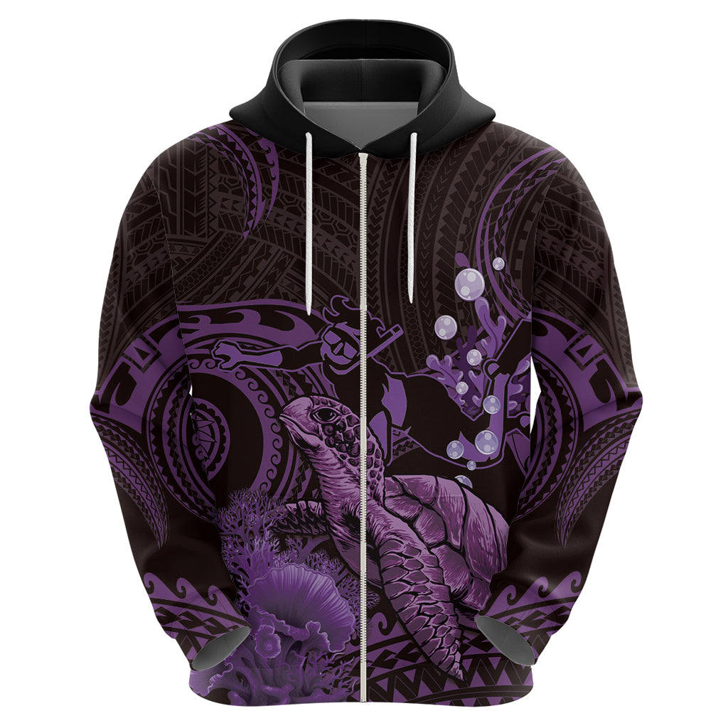 Purple Aloha Hawaii Zip Hoodie Snorkeling With Sea Turtle Polynesian Pattern