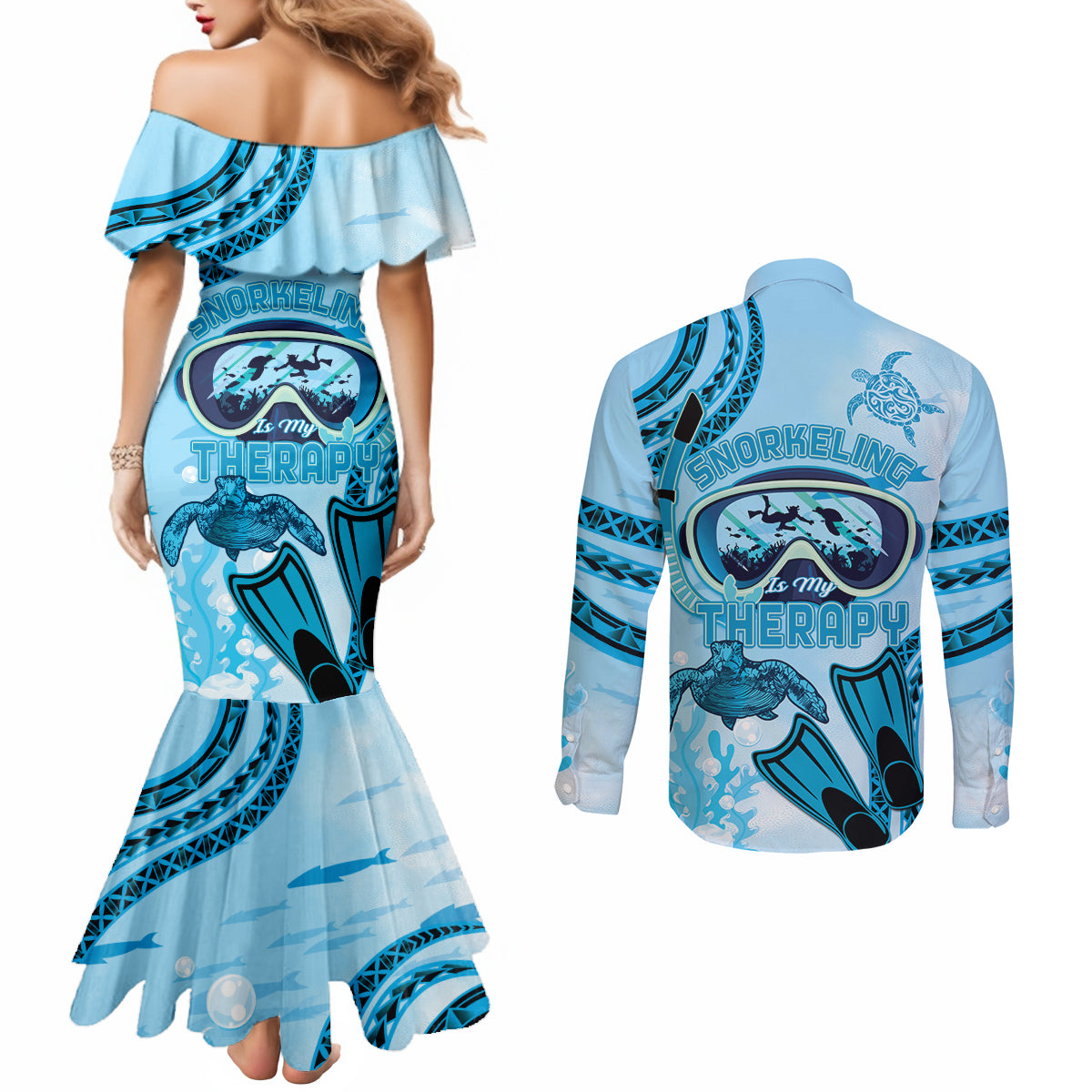 Hawaii Sea Turtle Snorkeling Is My Therapy Couples Matching Mermaid Dress and Long Sleeve Button Shirt