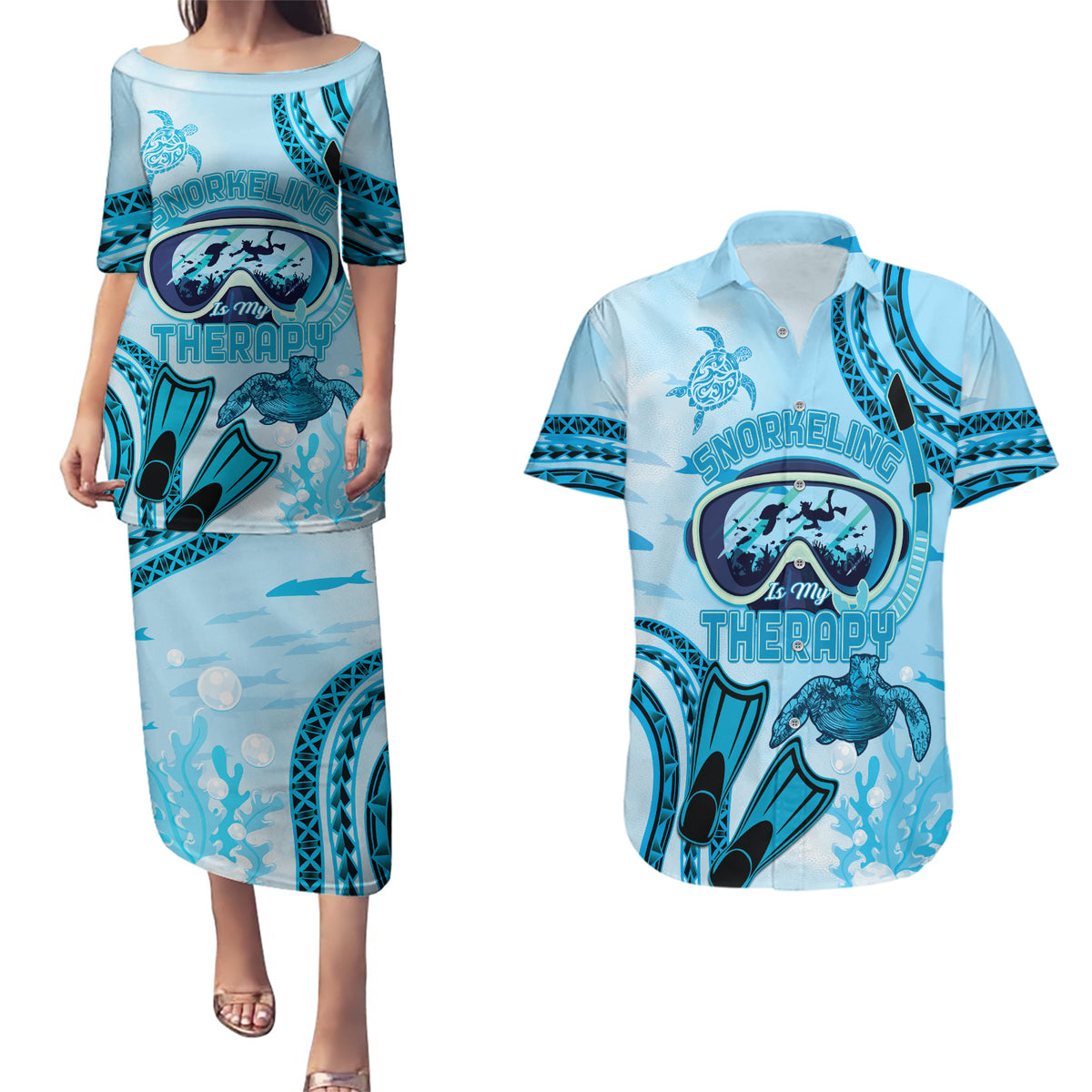 Hawaii Sea Turtle Snorkeling Is My Therapy Couples Matching Puletasi and Hawaiian Shirt