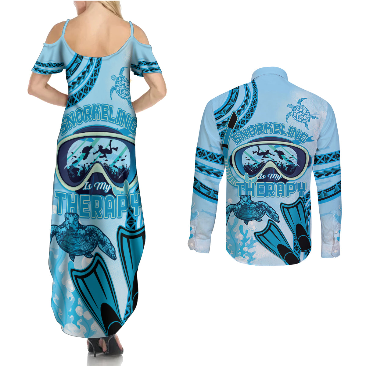 Hawaii Sea Turtle Snorkeling Is My Therapy Couples Matching Summer Maxi Dress and Long Sleeve Button Shirt