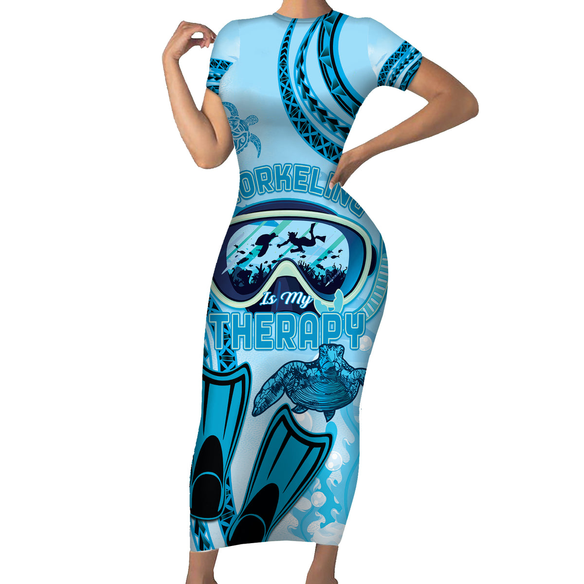 Hawaii Sea Turtle Snorkeling Is My Therapy Family Matching Short Sleeve Bodycon Dress and Hawaiian Shirt