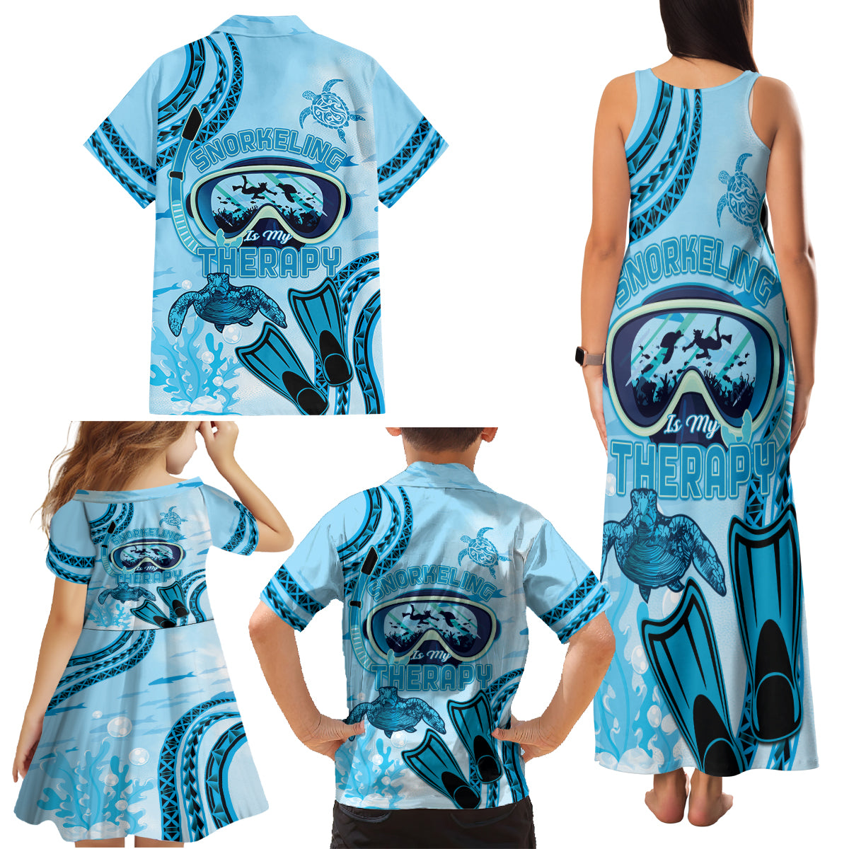 Hawaii Sea Turtle Snorkeling Is My Therapy Family Matching Tank Maxi Dress and Hawaiian Shirt