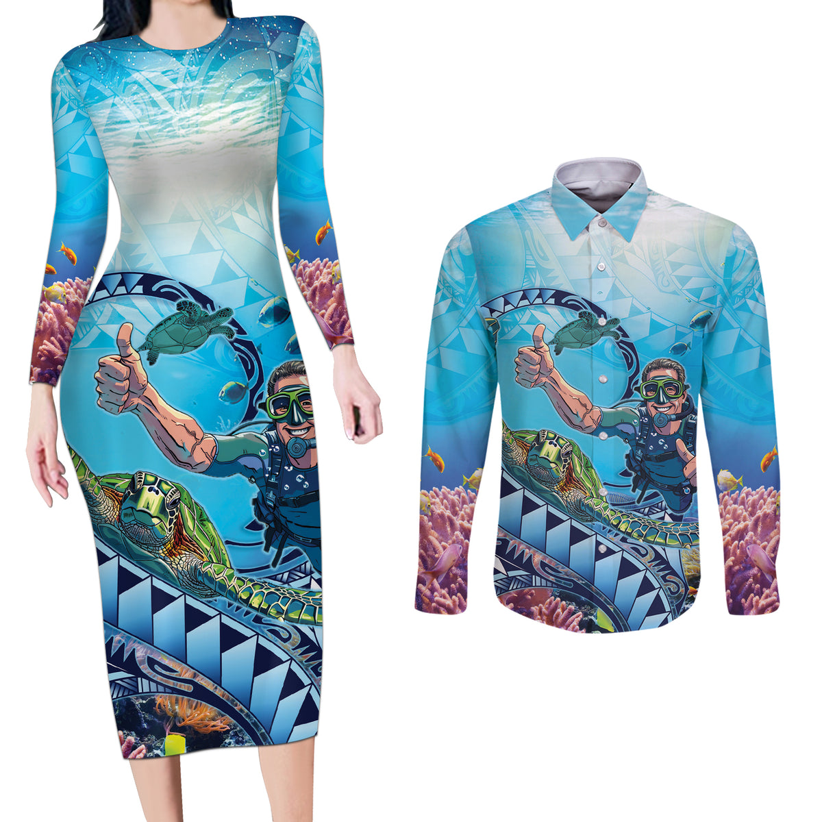 Hawaii Snorkeling Honu Turtle Couples Matching Long Sleeve Bodycon Dress and Long Sleeve Button Shirt Under The Ocean Vibes LT14 Blue - Polynesian Pride