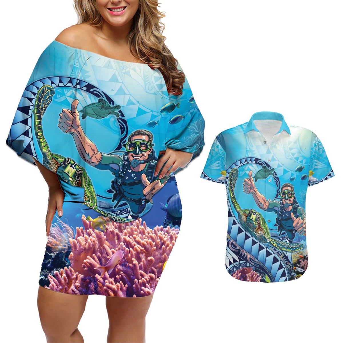 Hawaii Snorkeling Honu Turtle Couples Matching Off Shoulder Short Dress and Hawaiian Shirt Under The Ocean Vibes LT14 Blue - Polynesian Pride