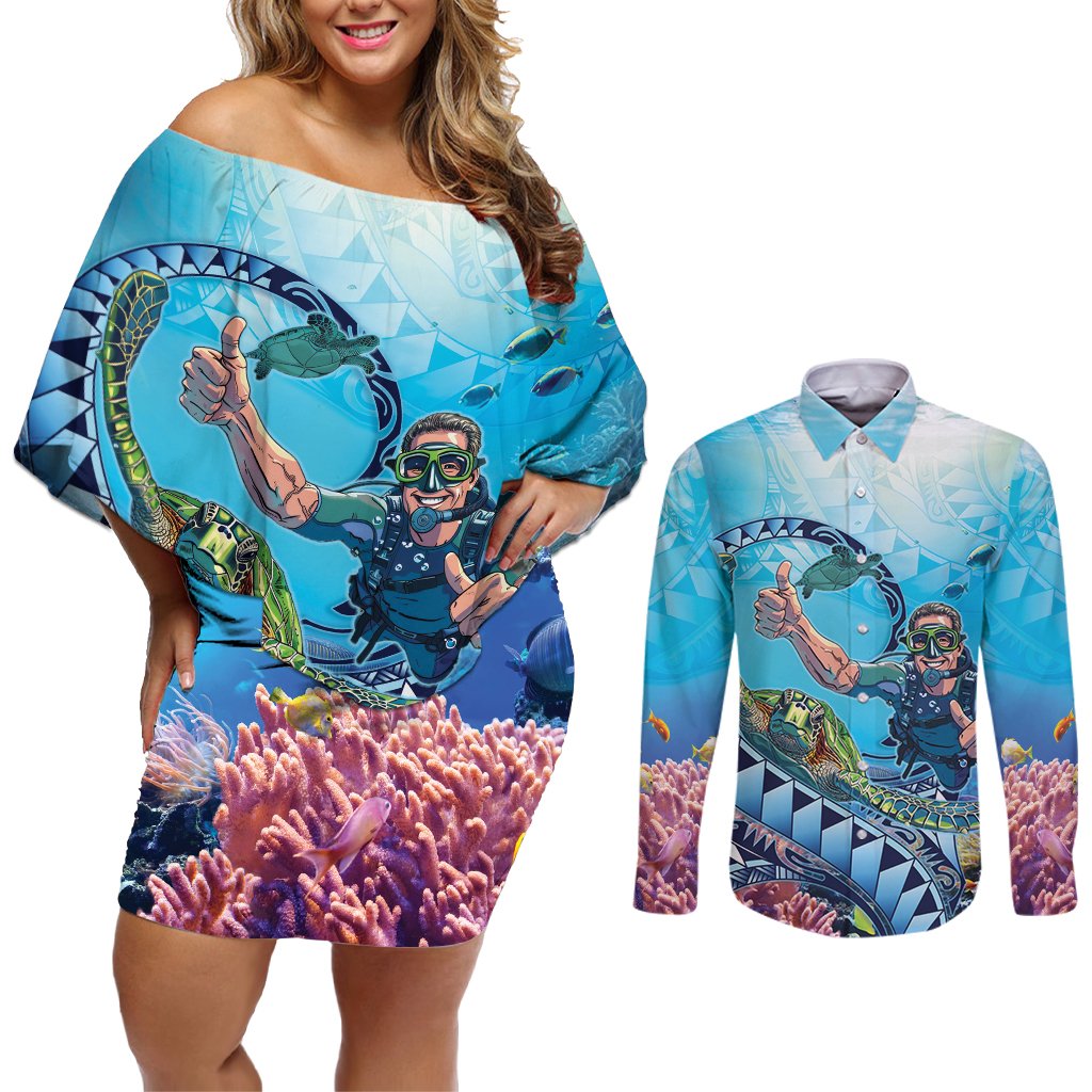 Hawaii Snorkeling Honu Turtle Couples Matching Off Shoulder Short Dress and Long Sleeve Button Shirt Under The Ocean Vibes LT14 Blue - Polynesian Pride