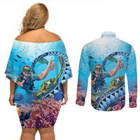 Hawaii Snorkeling Honu Turtle Couples Matching Off Shoulder Short Dress and Long Sleeve Button Shirt Under The Ocean Vibes