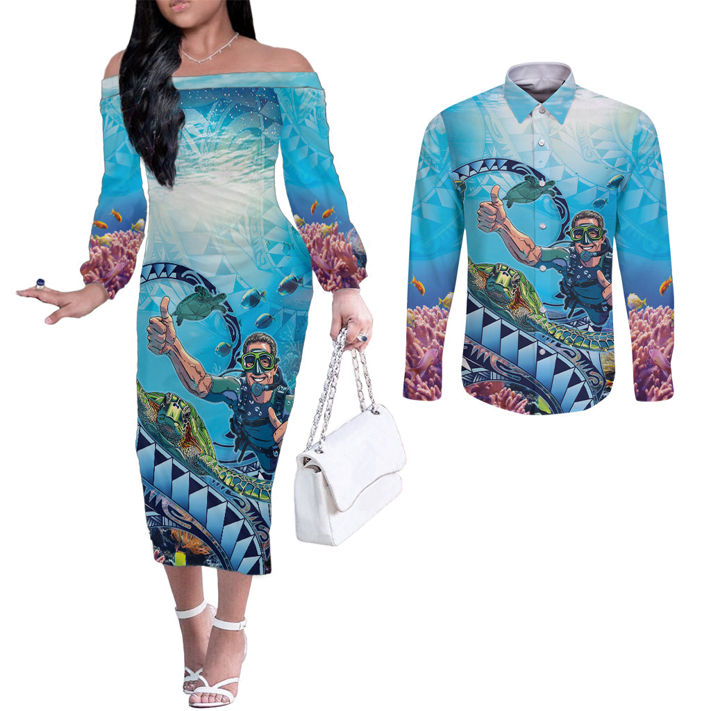 Hawaii Snorkeling Honu Turtle Couples Matching Off The Shoulder Long Sleeve Dress and Long Sleeve Button Shirt Under The Ocean Vibes LT14 Blue - Polynesian Pride