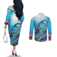 Hawaii Snorkeling Honu Turtle Couples Matching Off The Shoulder Long Sleeve Dress and Long Sleeve Button Shirt Under The Ocean Vibes LT14 - Polynesian Pride