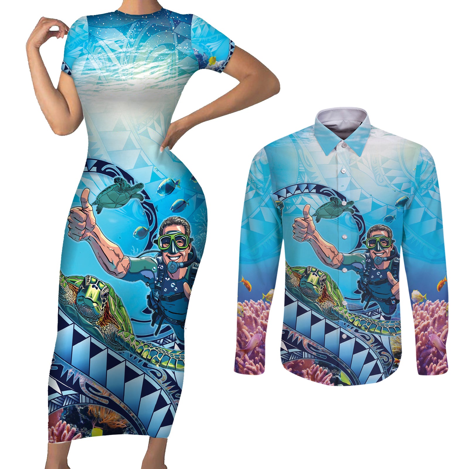 Hawaii Snorkeling Honu Turtle Couples Matching Short Sleeve Bodycon Dress and Long Sleeve Button Shirt Under The Ocean Vibes LT14 Blue - Polynesian Pride