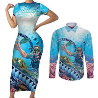 Hawaii Snorkeling Honu Turtle Couples Matching Short Sleeve Bodycon Dress and Long Sleeve Button Shirt Under The Ocean Vibes LT14 Blue - Polynesian Pride