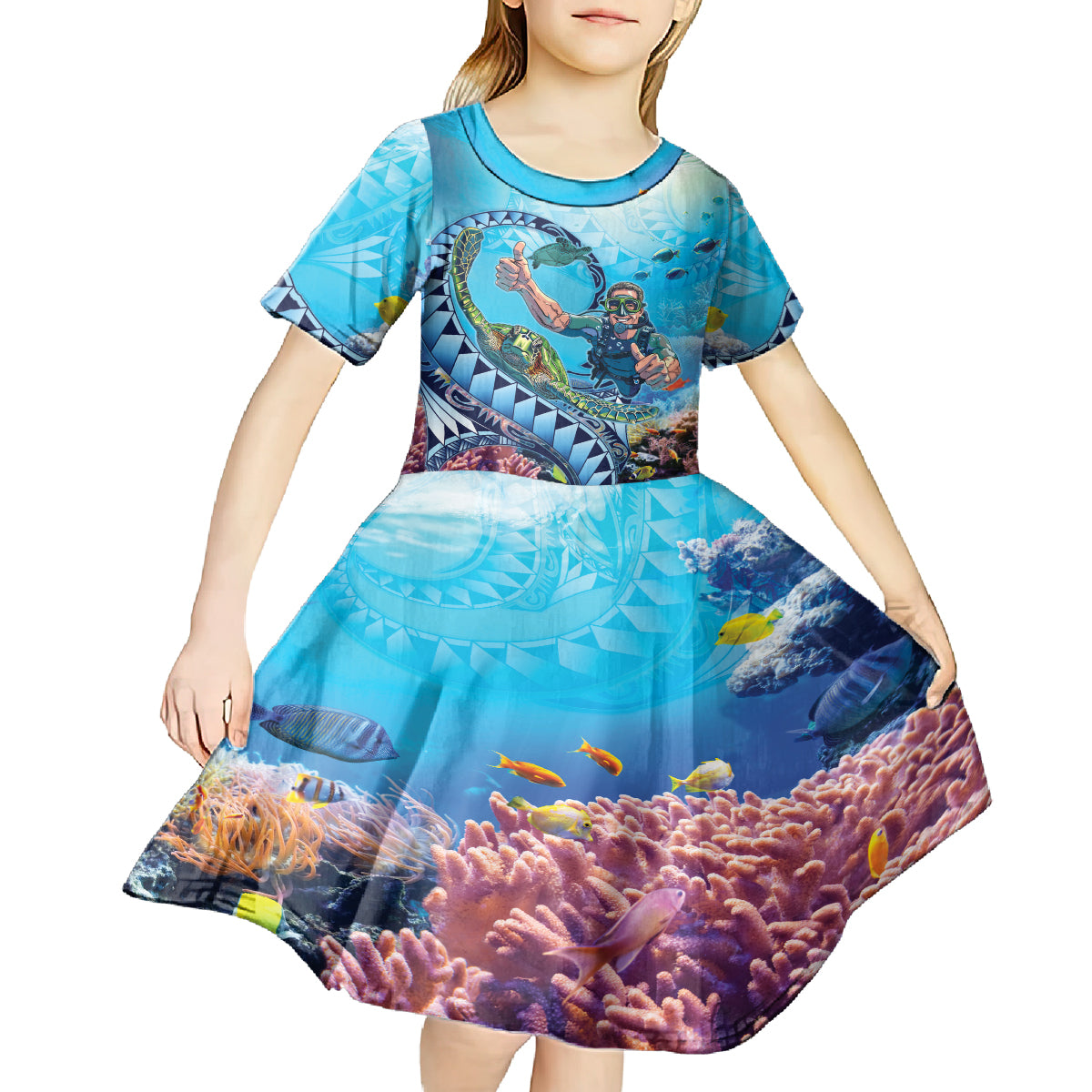 Hawaii Snorkeling Honu Turtle Kid Short Sleeve Dress Under The Ocean Vibes