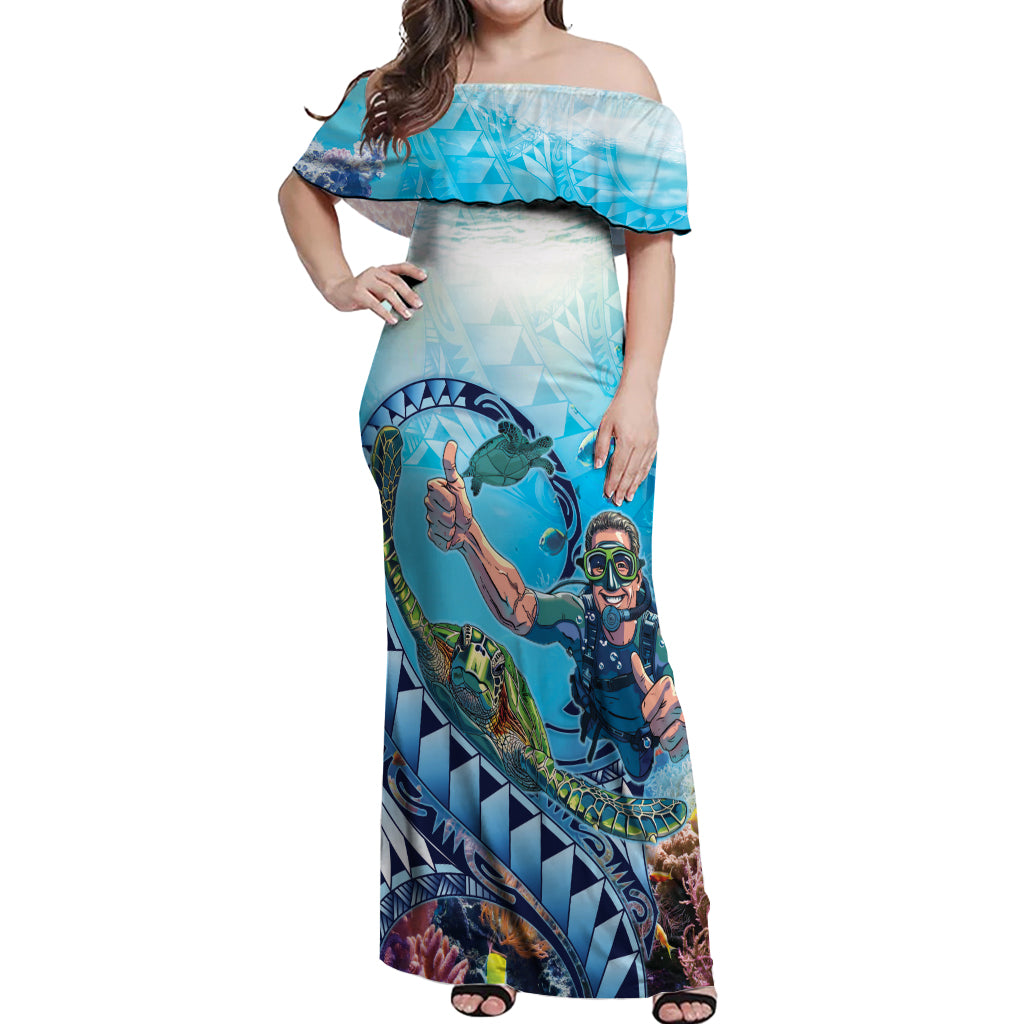 Hawaii Snorkeling Honu Turtle Off Shoulder Maxi Dress Under The Ocean Vibes