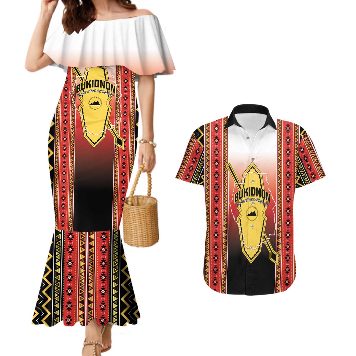 Personalised Bukidnon Philippines Couples Matching Mermaid Dress and Hawaiian Shirt The Food Basket of Region X