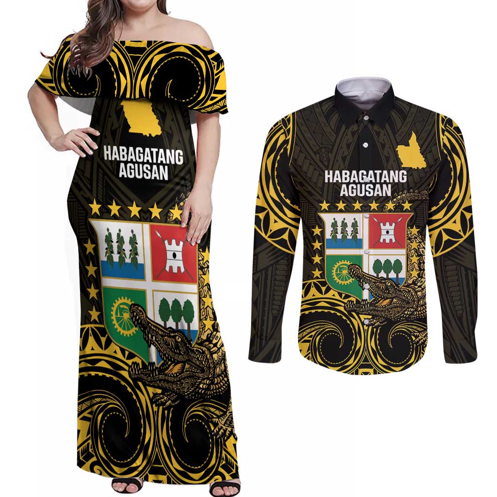 Agusan del Sur Philippines Couples Matching Off Shoulder Maxi Dress and Long Sleeve Button Shirt Habagatang Agusan Lolong LT14 Black - Polynesian Pride