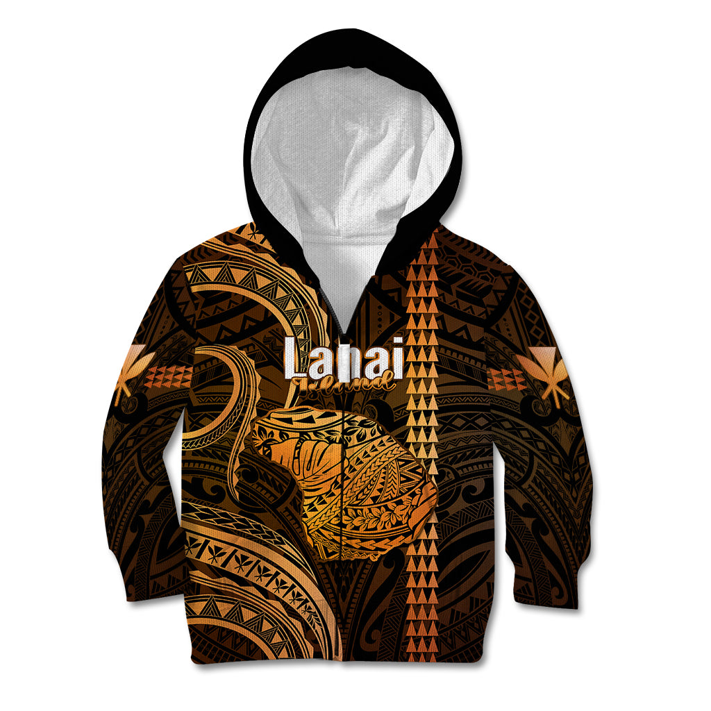 Personalised Hawaiian Islands Kid Hoodie Lani Map Gold Kanaka With Kakau LT14 Zip Hoodie Gold - Polynesian Pride